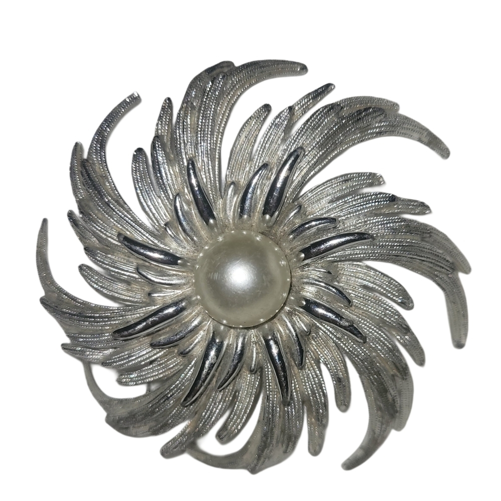 Vintage Silver Starburst Faux Pearl Center Sarah Coventry Brooch